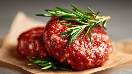 Savory, vibrant meatballs garnished with fresh rosemary on a parchment background, showcasing a rustic culinary appeal that's perfect for food photography.