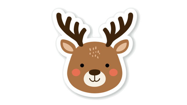 Cute cartoon reindeer face sticker, adorable brown deer head with antlers, festive winter animal graphic, holiday illustration