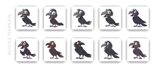 Cartoon Crow Character Expressions Set Funny Raven Mascot Emotions Collection