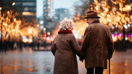 A heartwarming scene of an elderly couple sharing a moment together while surrounding by beautiful festive lights in a romantic city setting during the evening hours.
