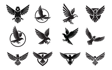 Set of Twelve Black Eagle Vector Logo Illustrations Collection and Symbols

