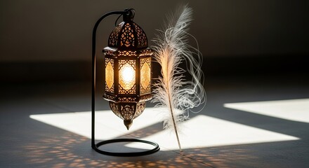 Ornate moroccan lantern casting intricate shadows on a sunlit floor
