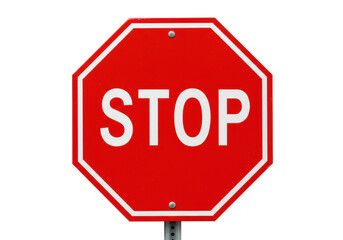 Isolated bright red and white stop sign on a gray pole, a common symbol for traffic control