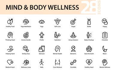 Modern wellness, health, and mindfulness icon set featuring fitness, meditation, mental health, yoga, self-care, and body positivity designs.