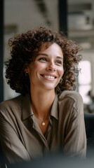 A young woman with curly hair smiles while looking to the side in a professional or office setting.
