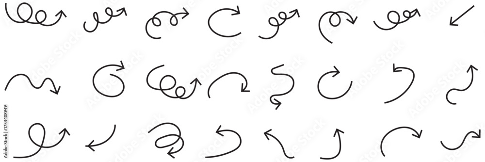 Poster hand drawn arrow set with crayon texture - curved and straight, spiral and wavy directional pointers