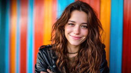 A bright and vibrant portrait of a young woman smiling, dressed in casual attire against a colorful backdrop, radiating joy and a sense of carefree confidence and warmth.