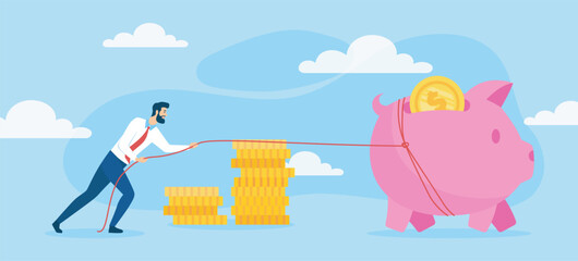 Man pulling coins to piggy bank savings. Vector illustration
