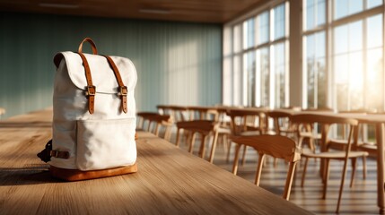 A contemporary backpack sits on a wooden table in a sunlit classroom, symbolizing education, exploration, and readiness for new adventures in a modern educational environment.