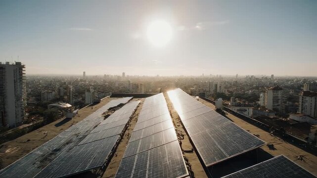 Rooftop solar panels gleam under a bright sun, overlooking a sprawling city skyline at golden hour