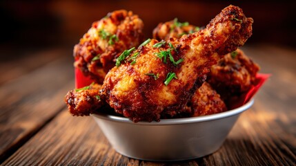 A savory collection of crispy fried chicken wings garnished with fresh herbs, highlighting their appetizing golden color and mouthwatering texture perfect for any gathering.