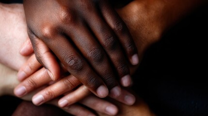 An empowering image showcasing diverse hands layered together, representing unity, friendship, and collaboration among individuals from different backgrounds in a heartfelt gesture.
