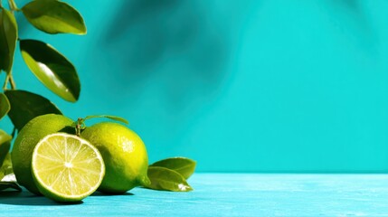This image captures fresh limes, one cut in half, against a vibrant turquoise background, highlighting their juicy texture and bright color, perfect for food or drink themes.