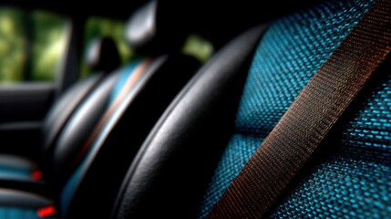This striking image showcases a stylish car interior featuring sleek seats with a captivating blue and brown color scheme, perfect for automotive enthusiasts.