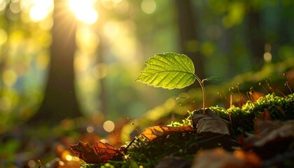 A single, vibrant leaf emerges, catching sunlight filtering through a blurry forest. Autumn leaves litter the mossy ground
