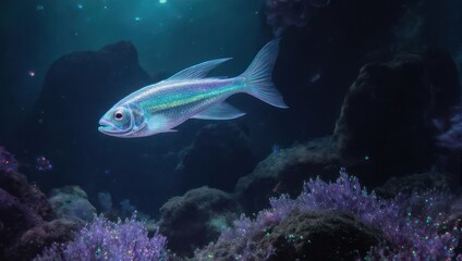 Fototapeta premium A bioluminescent fish swims through a vibrant underwater world, surrounded by coral reefs