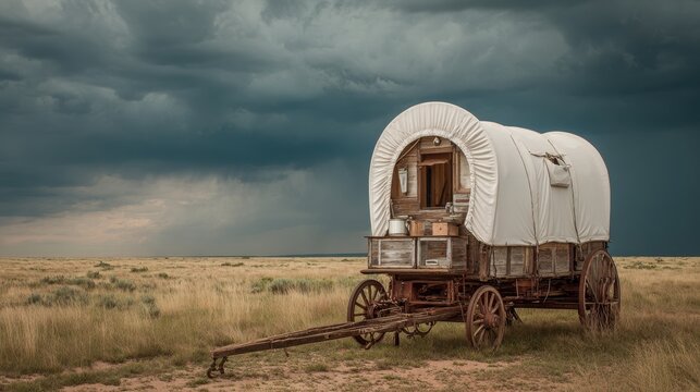 Old West Cook. Historic White Chuckwagon in Field for Mobile Cooking on Rodeo Trail Drive