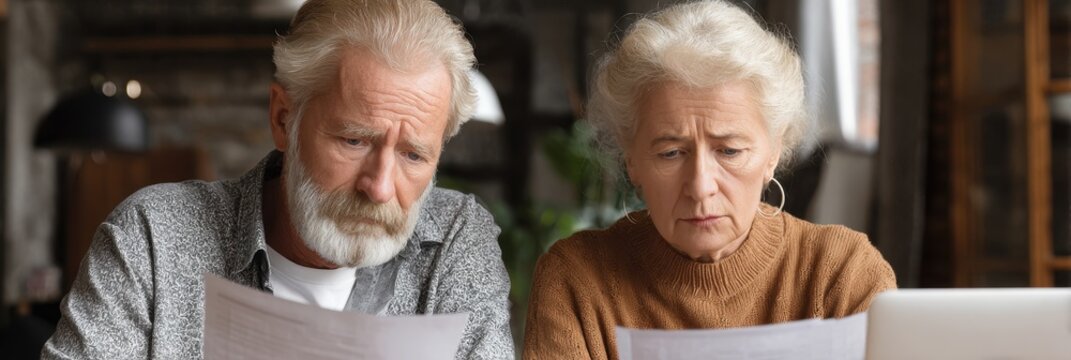 Older Couple Banner. Worried Senior Couple Analyzing Financial Statements and Discussing Expenses
