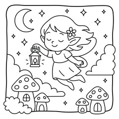 Cute Fairy Girl over Mushroom Houses | Enchanted Fantasy Hand-Drawn Coloring Page