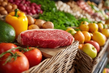 Online Grocery Shopping Meat. Health Food Varieties with Fresh Fruits and Vegetables