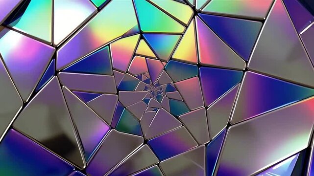 Seamless hypnotic animation of metallic Penrose tiling morphing into an aperiodic 3D spiral. Reflective iridescent surfaces create endless motion, blending geometry, symmetry, and futuristic abstract 