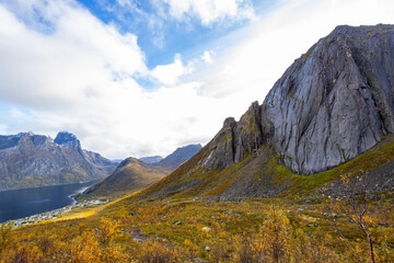 Fototapeta premium Stunning autumn landscape of Segla Mountain in Senja Island, Northern Norway, with dramatic cliffs and fjords.