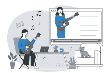 Girl watching online guitar lesson video. Vector illustration