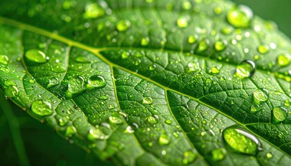 Close Up Macro Of A Vibrant Green Leaf Covered In Dew Drops After A Rain Shower Showing Intricate Veins And Texture In Natural Sunlight