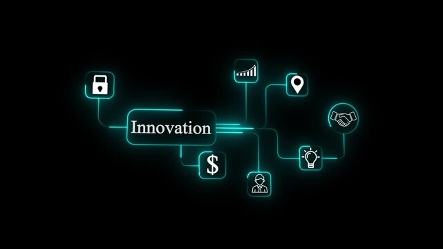 Innovation Technology Background &mdash; Futuristic Digital Network with Glowing Icons Representing Creative Ideas, Modern Solutions, and Business Development in a Cyber Environment.