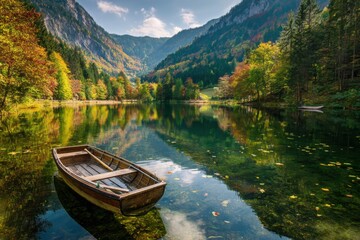 Obraz premium Wooden boat on autumn lake water