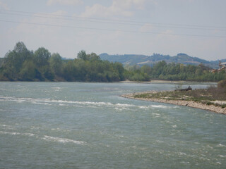 View of the Tanaro river in the Langhe, Piedmont Italy