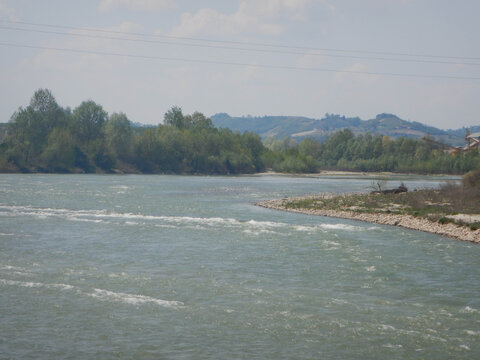 View of the Tanaro river in the Langhe, Piedmont Italy