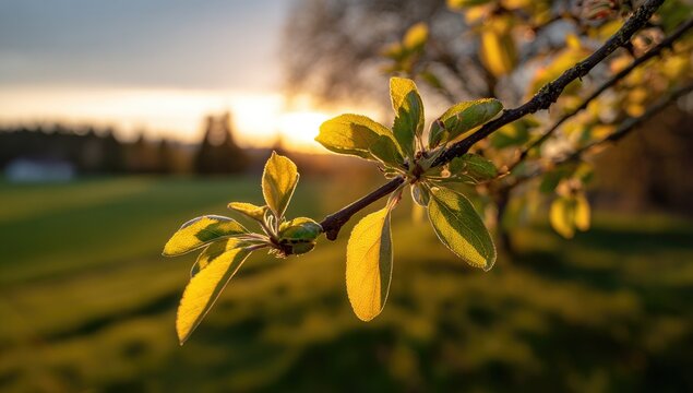 Close-up of budding leaves illuminated by golden hour sunlight with a distant field