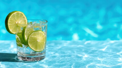 A refreshing glass of lime-infused drink sits on a shimmering blue surface, evoking feelings of summer and relaxation by the poolside in a delightful setting.