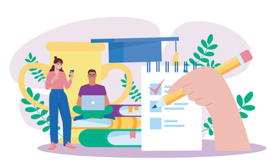 Students preparing for exams checklist. Vector illustration