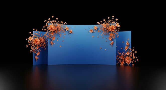 Abstract blue geometric shape with orange particles exploding outwards