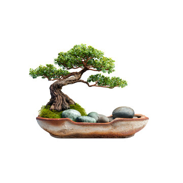 Elegant bonsai tree with smooth rocks, perfect for zen gardens, peaceful meditation spaces, or representing growth and calm in design projects