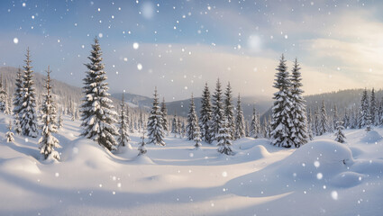 Naklejka premium Christmas snowy forest landscape with tall pine trees covered in snow under a soft winter light and falling snowflakes. Peaceful nature scene.