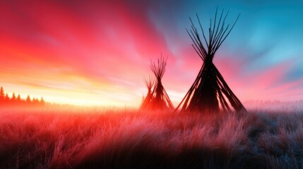 The breathtaking scene of willowy structures against a vibrant sunset highlights the beauty of indigenous architecture and the connection to nature.