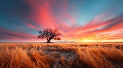 An awe-inspiring sunset featuring vibrant colors and a solitary tree stands as a silhouette in a sprawling field, symbolizing solitude and beauty in nature.