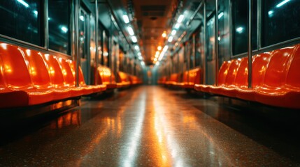 A solitary subway train interior featuring vibrant orange seats and ambient lighting. This image conveys a sense of urban solitude, modernity, and the essence of transportation.