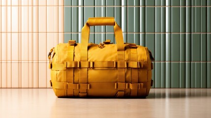 A modern and chic yellow duffel bag placed against a stylish tiled background, representing adventure, style, and functionality for urban explorers and travelers.