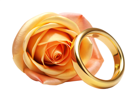 Golden wedding ring resting on a delicate peach rose isolated on white background - Powered by Adobe