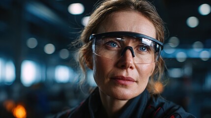 A determined woman in safety glasses and work attire displays focus and strength in a bustling workspace, embodying professionalism and dedication in her craft.