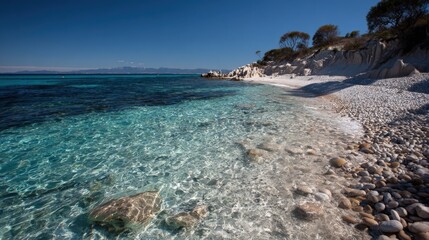 Crystal clear tropical beach with turquoise waters and rocky shoreline