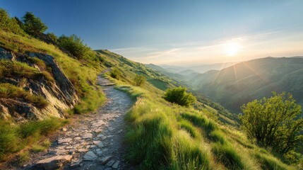 Winding mountain trail with sunlight and expansive green landscape