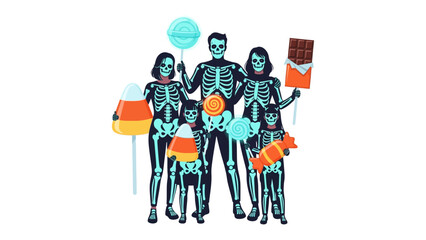 Spooky Halloween Family: A family of skeletons dressed in Halloween attire, holding candy and treats, and spreading festive spirit for the spooky season. 