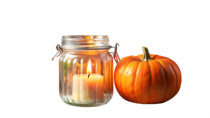 Halloween pumpkin and lit candle in a jar isolated on white background