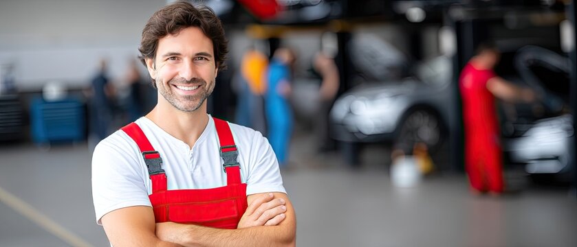 Skilled mechanic smiling in automotive workshop while colleagues work on vehicles during day
