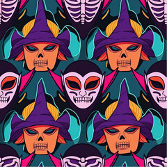 Repetitve pattern of multiple Halloween masks (witch, vampire, skeleton), bold colors and simple shading, for festive party packaging.eps